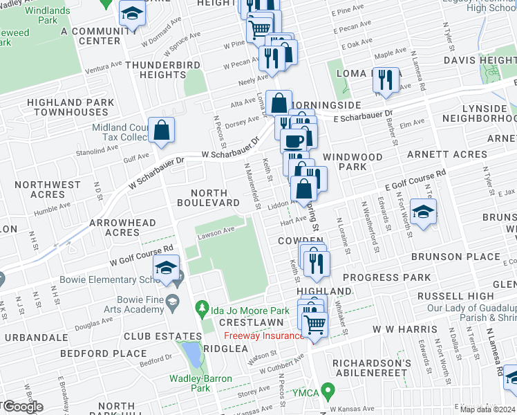 map of restaurants, bars, coffee shops, grocery stores, and more near 1910 North Marienfeld Street in Midland