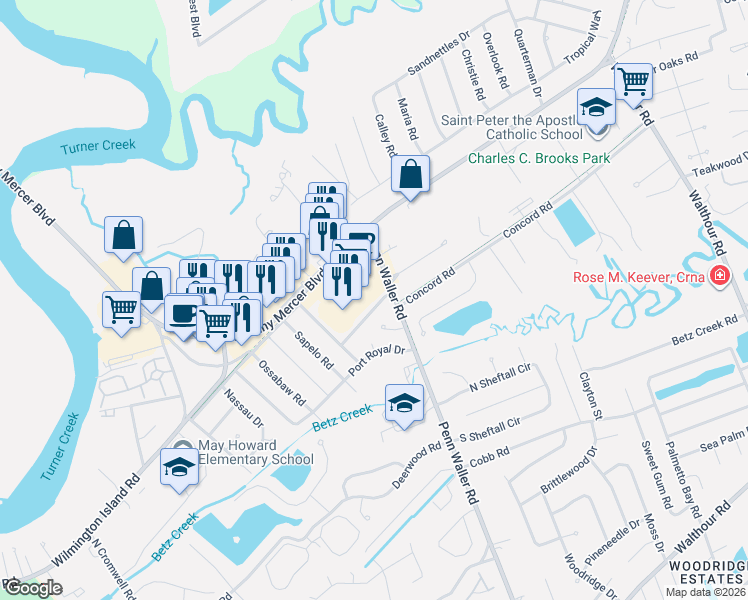 map of restaurants, bars, coffee shops, grocery stores, and more near 128 Wassaw Road in Savannah