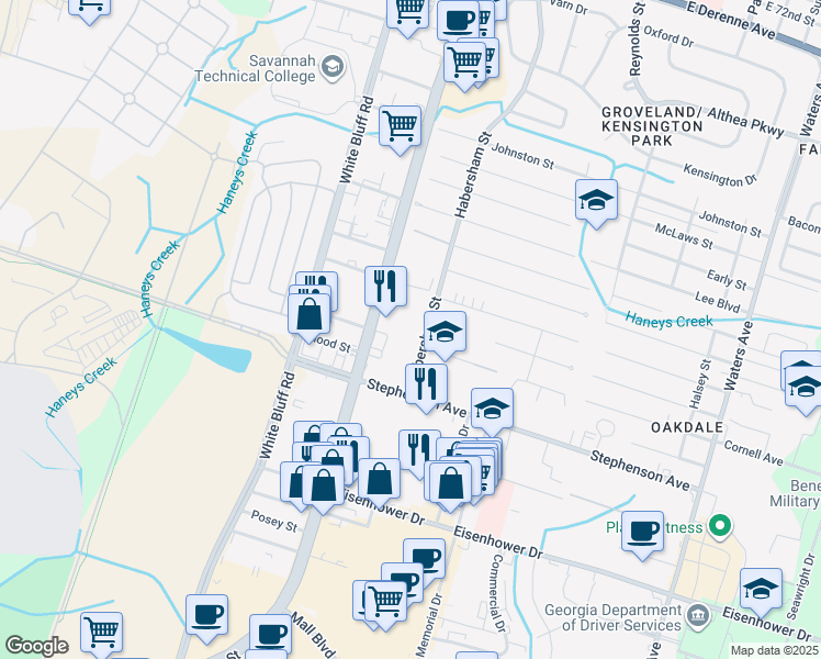 map of restaurants, bars, coffee shops, grocery stores, and more near 6401 Habersham Street in Savannah