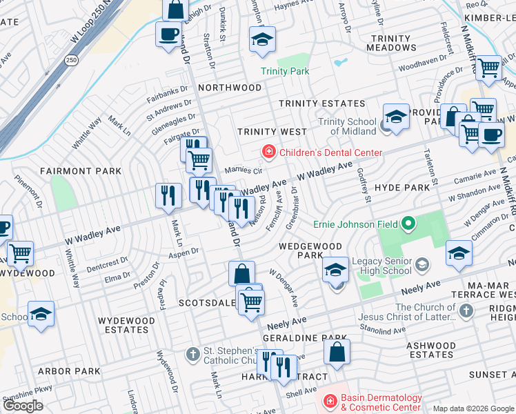map of restaurants, bars, coffee shops, grocery stores, and more near 4201 West Wadley Avenue in Midland