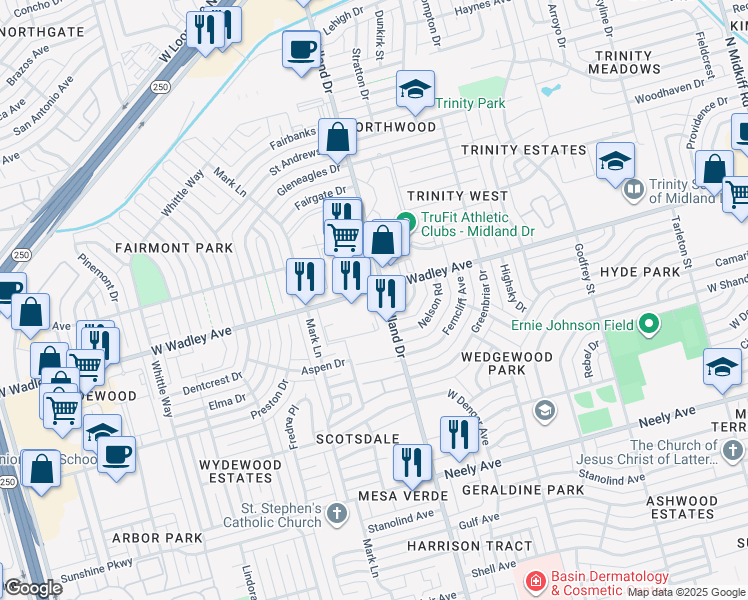 map of restaurants, bars, coffee shops, grocery stores, and more near 4404 W Wadley Ave in Midland