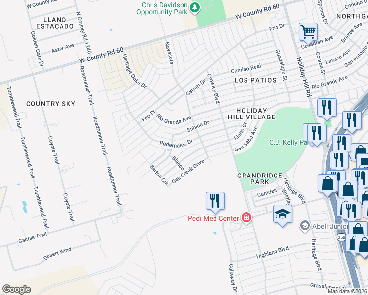 map of restaurants, bars, coffee shops, grocery stores, and more near 5910 Pedernales Drive in Midland