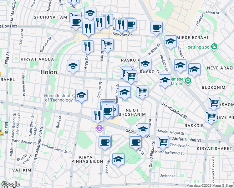 map of restaurants, bars, coffee shops, grocery stores, and more near Rosh Pina Street in Holon