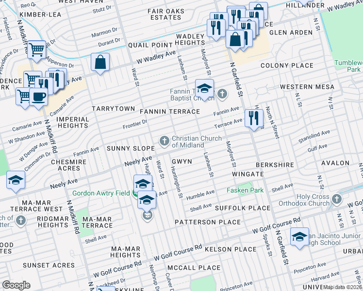 map of restaurants, bars, coffee shops, grocery stores, and more near 2500-2598 Maberry St in Midland