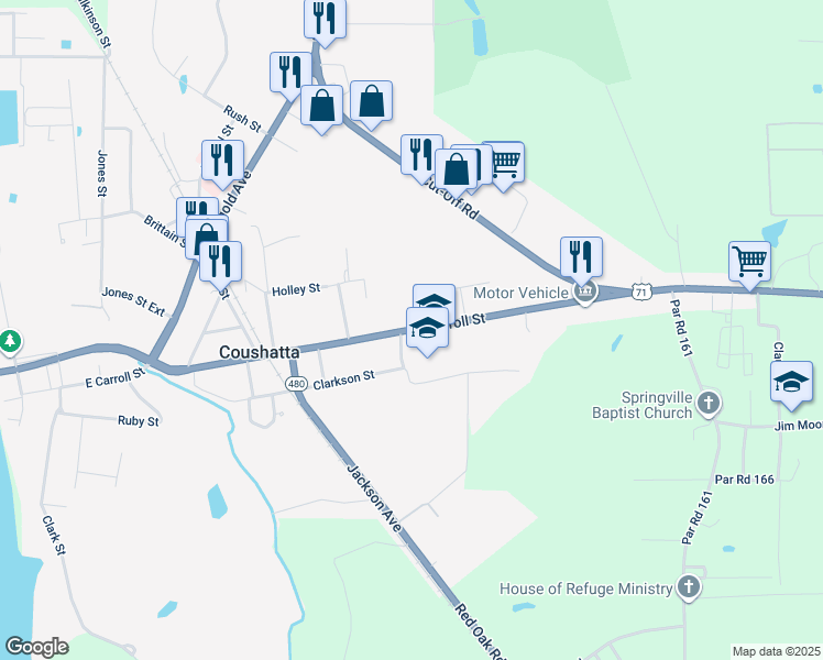 map of restaurants, bars, coffee shops, grocery stores, and more near 908 East Carroll Street in Coushatta