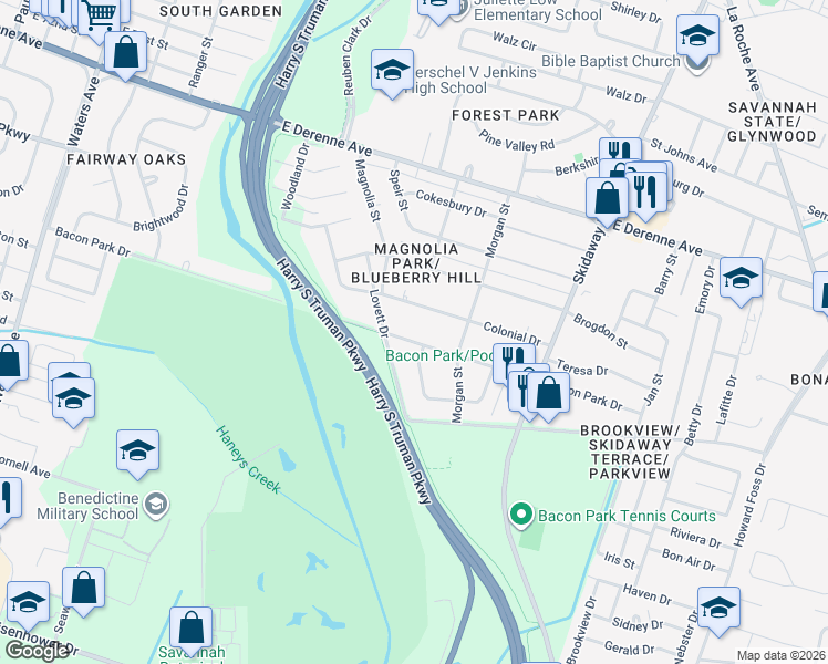 map of restaurants, bars, coffee shops, grocery stores, and more near 1932 Bacon Park Drive in Savannah