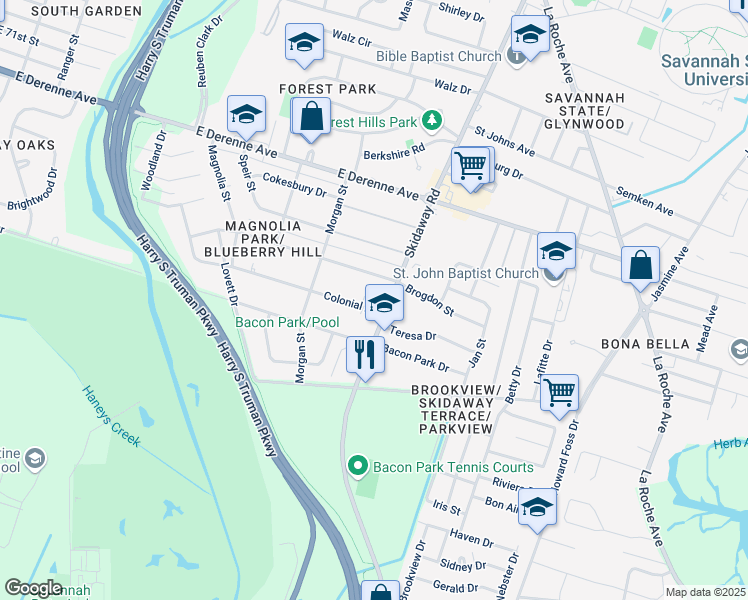 map of restaurants, bars, coffee shops, grocery stores, and more near 2040 Colonial Drive in Savannah