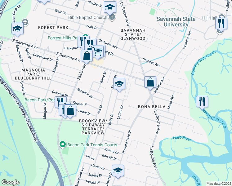 map of restaurants, bars, coffee shops, grocery stores, and more near 5513 Betty Drive in Savannah