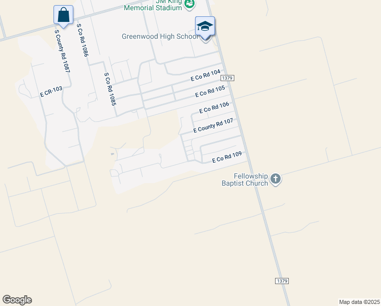 map of restaurants, bars, coffee shops, grocery stores, and more near 2904 S County Rd W in Midland