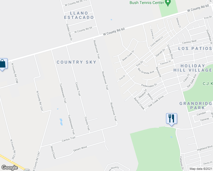 map of restaurants, bars, coffee shops, grocery stores, and more near 3901 Roadrunner Trail in Midland