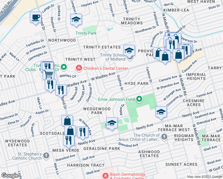 map of restaurants, bars, coffee shops, grocery stores, and more near 3605-3607 Hyde Park Avenue in Midland