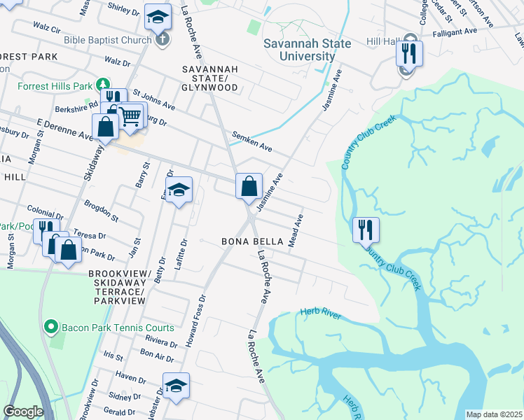 map of restaurants, bars, coffee shops, grocery stores, and more near 5308 Jasmine Avenue in Savannah