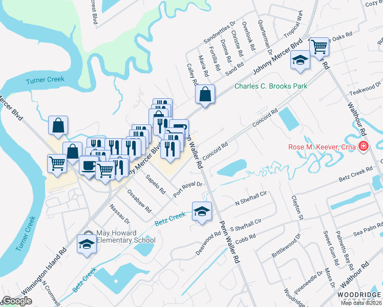 map of restaurants, bars, coffee shops, grocery stores, and more near 128 Wassaw Road in Savannah