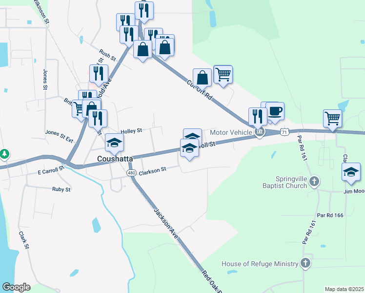 map of restaurants, bars, coffee shops, grocery stores, and more near 908 East Carroll Street in Coushatta