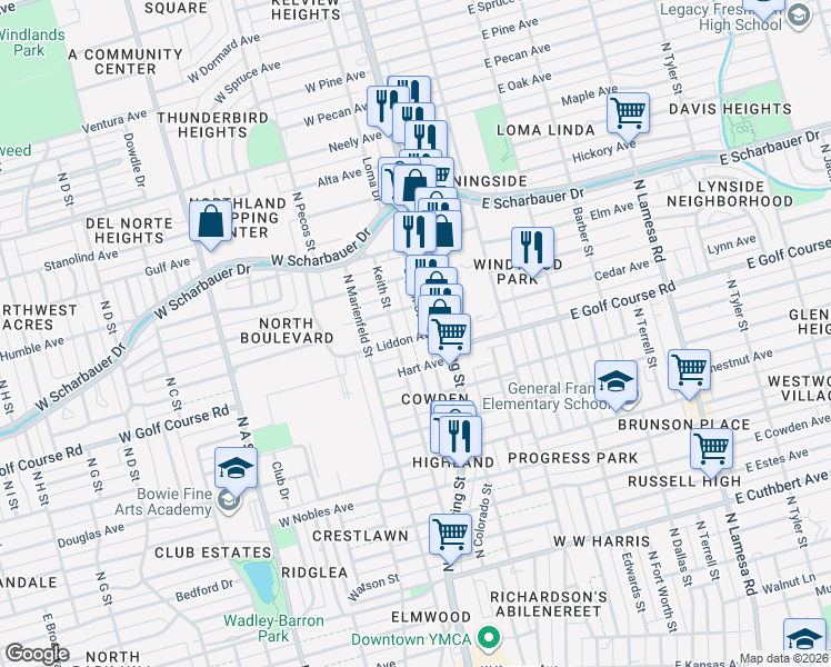 map of restaurants, bars, coffee shops, grocery stores, and more near 1906 Keith Street in Midland