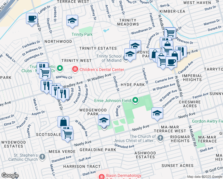 map of restaurants, bars, coffee shops, grocery stores, and more near 3605 Hyde Park Ave in Midland