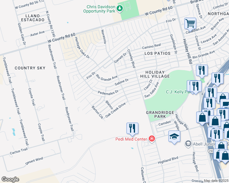 map of restaurants, bars, coffee shops, grocery stores, and more near 5910 Pedernales Drive in Midland