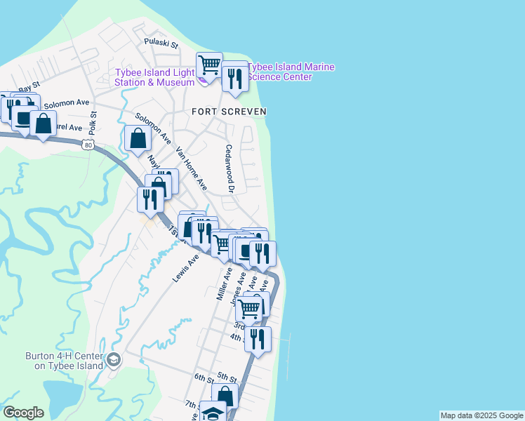 map of restaurants, bars, coffee shops, grocery stores, and more near 9A Oceanview Court in Tybee Island