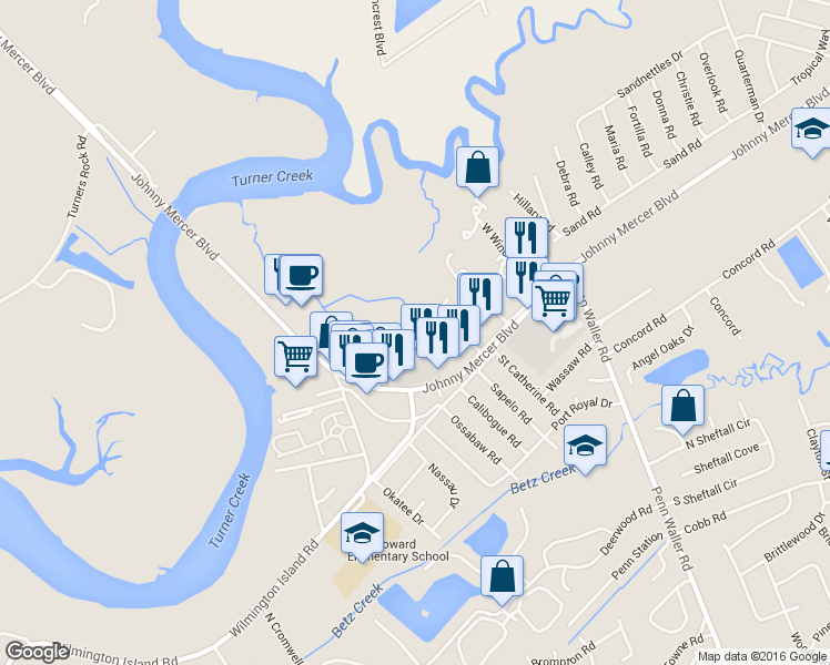 map of restaurants, bars, coffee shops, grocery stores, and more near 47 Navigator Lane in Savannah