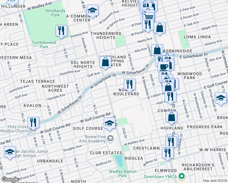 map of restaurants, bars, coffee shops, grocery stores, and more near 716 Sinclair Avenue in Midland