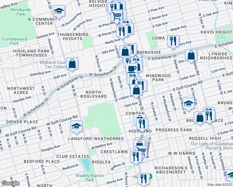 map of restaurants, bars, coffee shops, grocery stores, and more near 1910 North Marienfeld Street in Midland