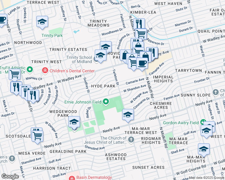 map of restaurants, bars, coffee shops, grocery stores, and more near 3507 Camarie Ave in Midland