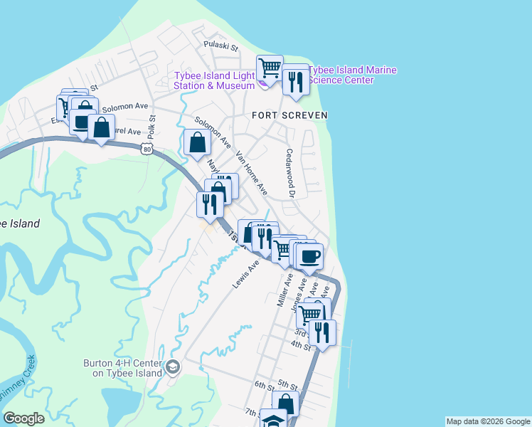 map of restaurants, bars, coffee shops, grocery stores, and more near 20 Solomon Avenue in Tybee Island