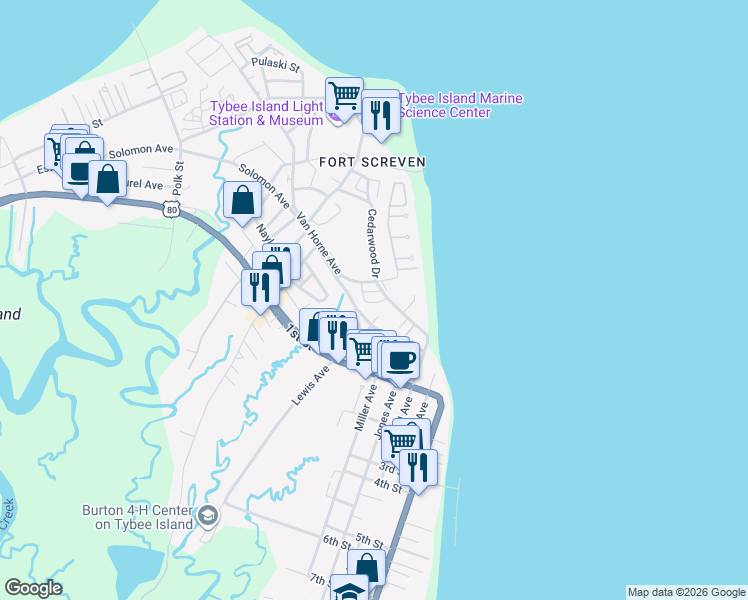 map of restaurants, bars, coffee shops, grocery stores, and more near 22 Van Horne Avenue in Tybee Island
