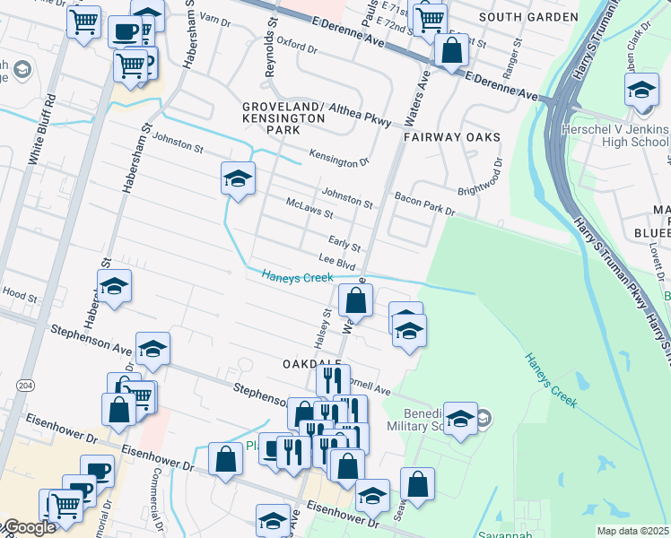 map of restaurants, bars, coffee shops, grocery stores, and more near 629 Lee Boulevard in Savannah