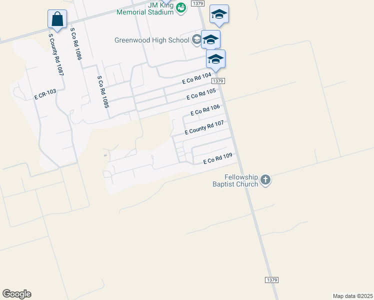 map of restaurants, bars, coffee shops, grocery stores, and more near 2904 S County Rd W in Midland
