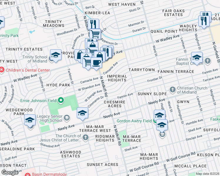 map of restaurants, bars, coffee shops, grocery stores, and more near 3233 West Dengar Avenue in Midland