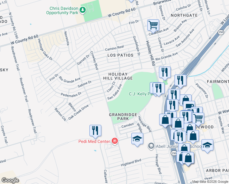 map of restaurants, bars, coffee shops, grocery stores, and more near 5709 Llano Court in Midland
