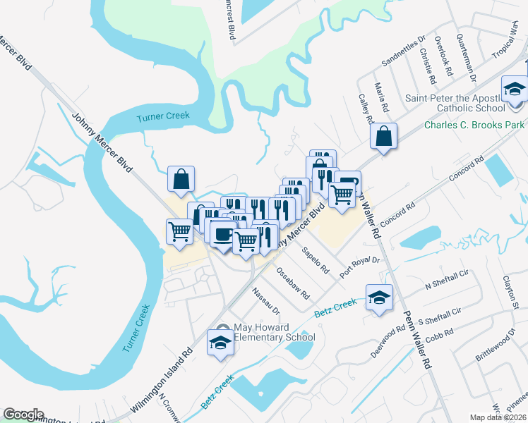map of restaurants, bars, coffee shops, grocery stores, and more near 65 Sapei Drive in Wilmington Island
