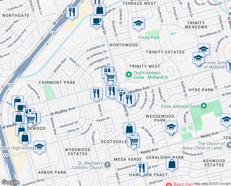 map of restaurants, bars, coffee shops, grocery stores, and more near 4404 West Wadley Avenue in Midland