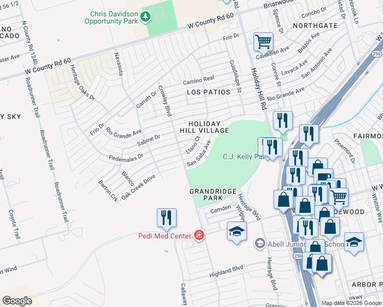 map of restaurants, bars, coffee shops, grocery stores, and more near 5709 Llano Court in Midland