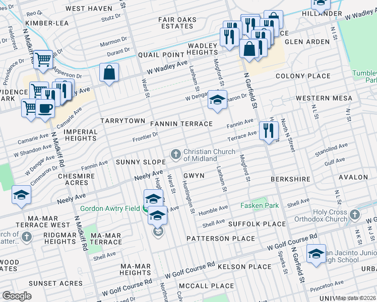 map of restaurants, bars, coffee shops, grocery stores, and more near 2598 Maberry Street in Midland