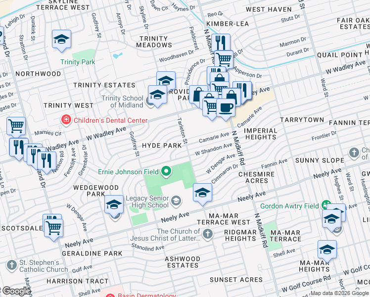 map of restaurants, bars, coffee shops, grocery stores, and more near 3507 Camarie Avenue in Midland