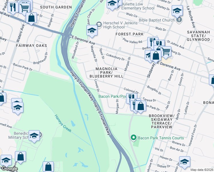 map of restaurants, bars, coffee shops, grocery stores, and more near 1932 Bacon Park Drive in Savannah