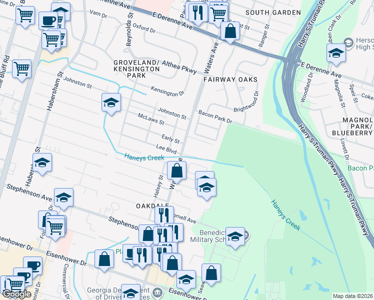 map of restaurants, bars, coffee shops, grocery stores, and more near 102 Bracken Lane in Savannah