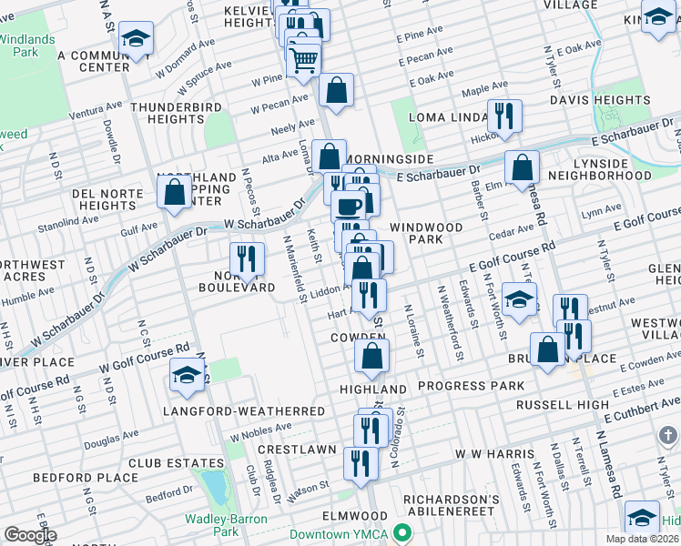 map of restaurants, bars, coffee shops, grocery stores, and more near 1906 Keith Street in Midland