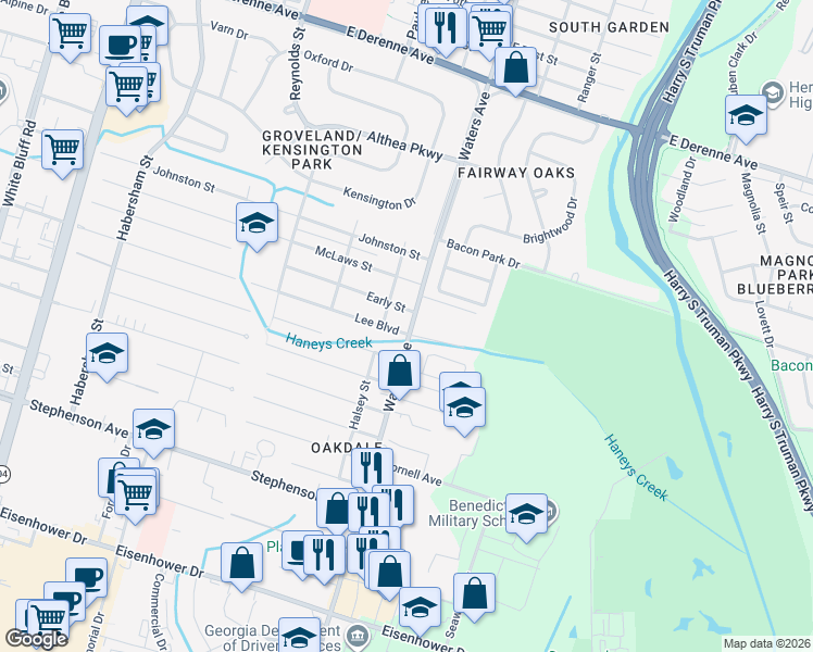 map of restaurants, bars, coffee shops, grocery stores, and more near 102 Bracken Lane in Savannah