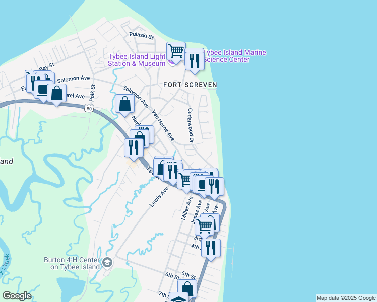 map of restaurants, bars, coffee shops, grocery stores, and more near 24 Van Horne Avenue in Tybee Island