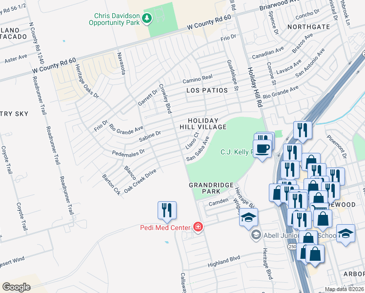 map of restaurants, bars, coffee shops, grocery stores, and more near 5709 Llano Court in Midland