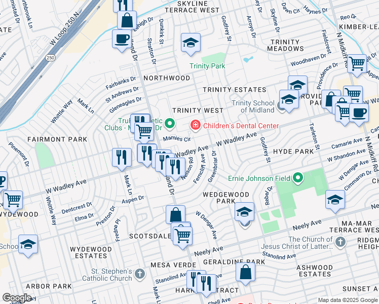 map of restaurants, bars, coffee shops, grocery stores, and more near 4201 West Wadley Avenue in Midland