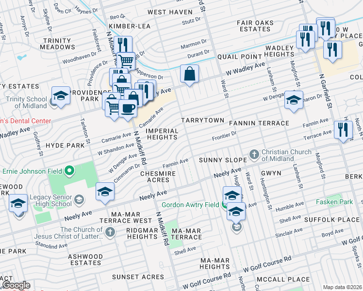 map of restaurants, bars, coffee shops, grocery stores, and more near 3205 Frontier Drive in Midland
