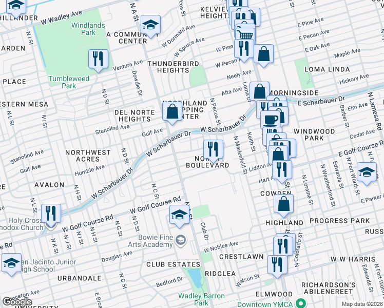 map of restaurants, bars, coffee shops, grocery stores, and more near 716 Sinclair Avenue in Midland