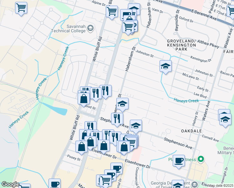 map of restaurants, bars, coffee shops, grocery stores, and more near 6401 Habersham Street in Savannah