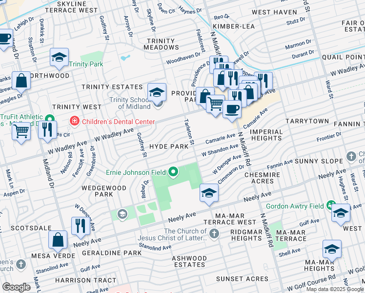 map of restaurants, bars, coffee shops, grocery stores, and more near 3507 Camarie Avenue in Midland