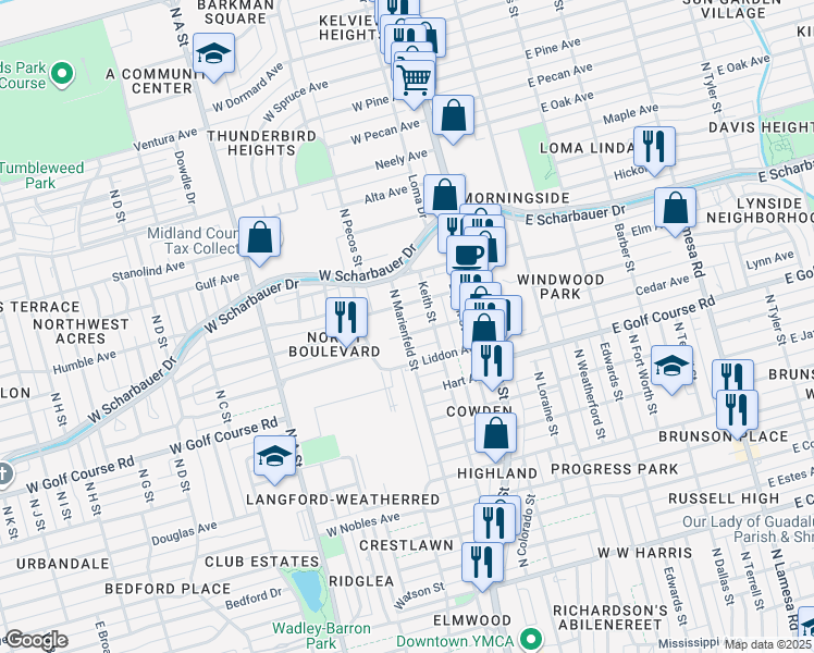 map of restaurants, bars, coffee shops, grocery stores, and more near 1910 North Marienfeld Street in Midland