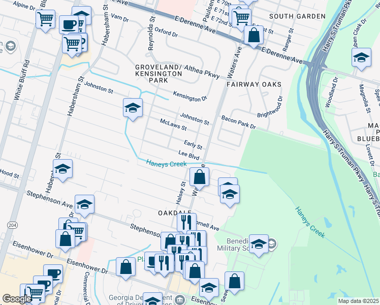map of restaurants, bars, coffee shops, grocery stores, and more near 629 Lee Boulevard in Savannah